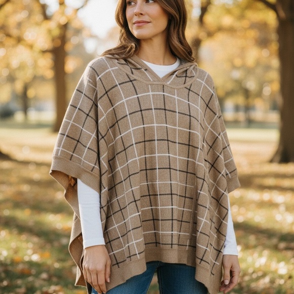 Tahari Sweaters - Tahari Tan Plaid Hooded Poncho